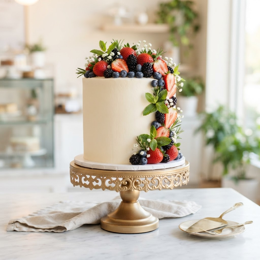 Custom celebration cake topped with fresh berries