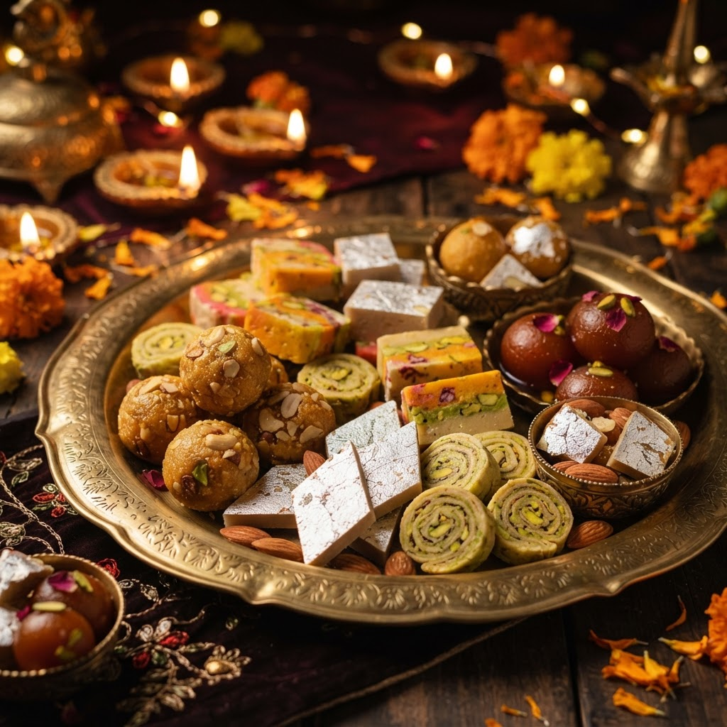 Assorted premium Indian sweets on an ornate platter at Chappan Bhog Sweets, Nizamabad