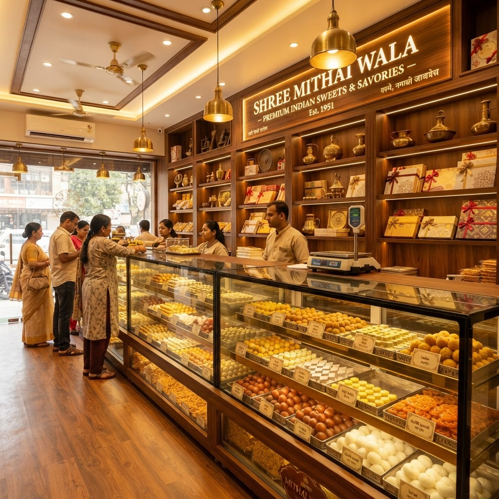 Interior of Chappan Bhog Sweets with display counters of mithai